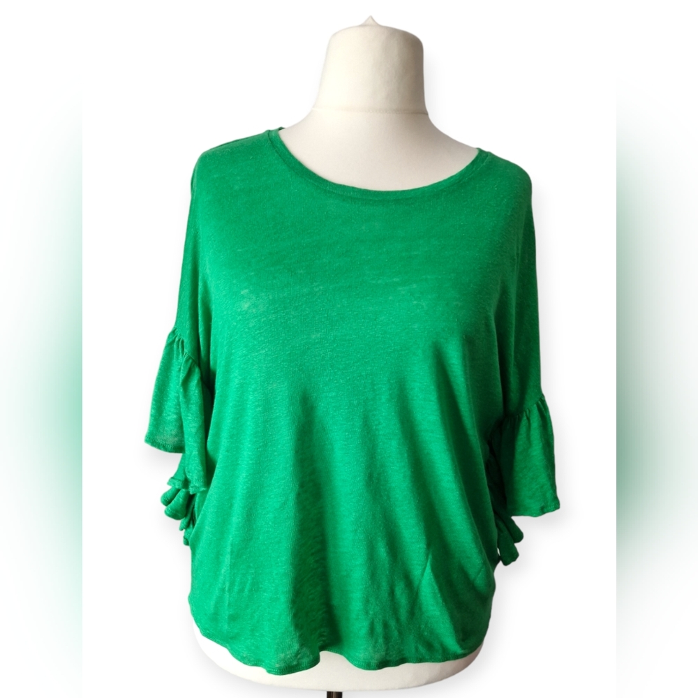 Zara Green 100% Linen Ruffle Sleeve Round Neck Knit Blouse Top Size Large - Picture 1 of 10